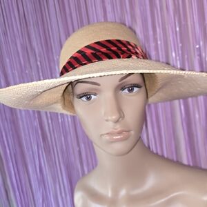 Stylish Tan Sun Hat with Red and Black Ribbon